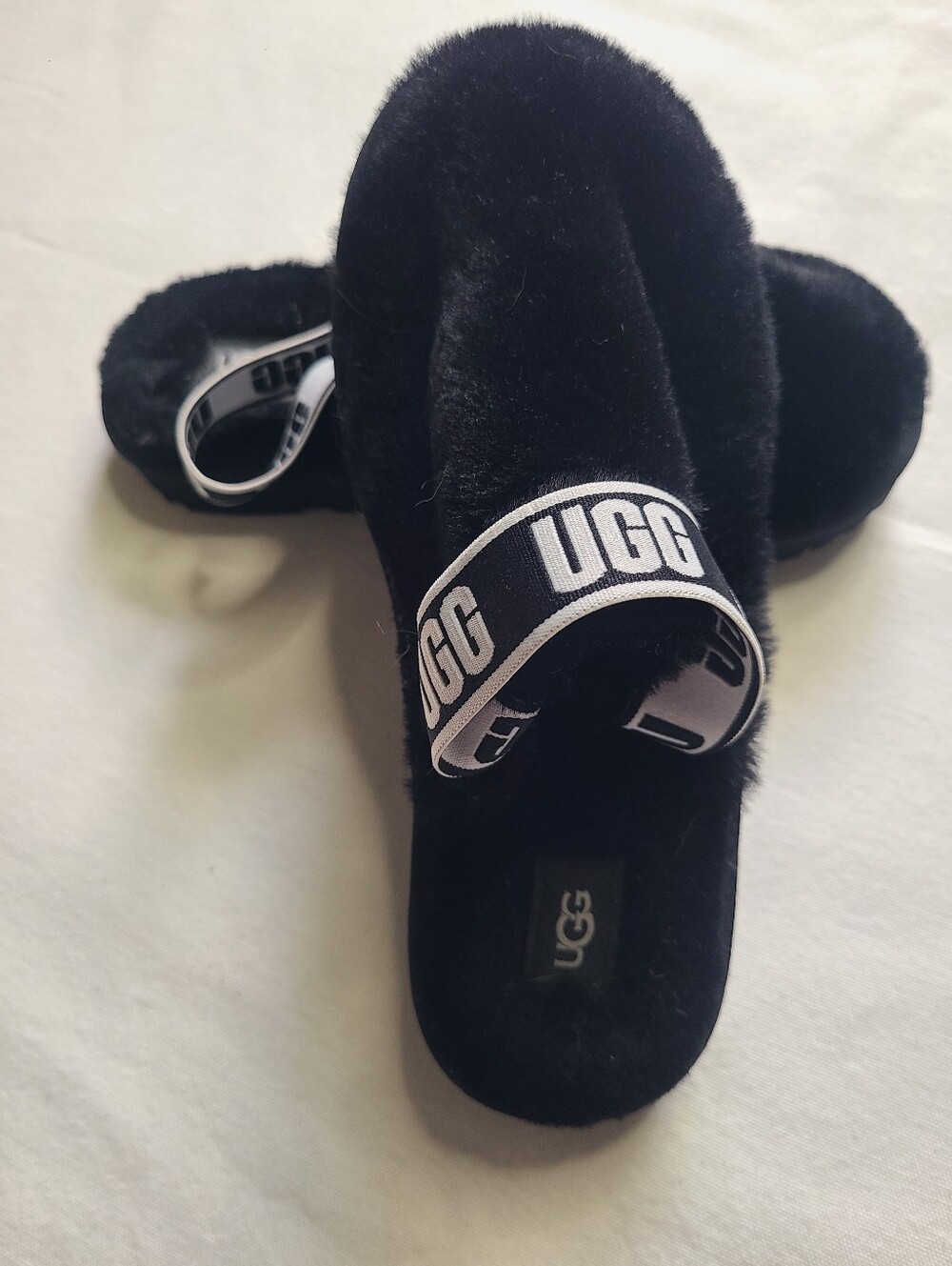 UGG Black Fuzzy Logo Strap Slides
